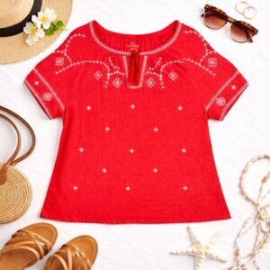NWOT Talbots Red Embroidered Peasant Top Boho Cotton Blouse Short Sleeve